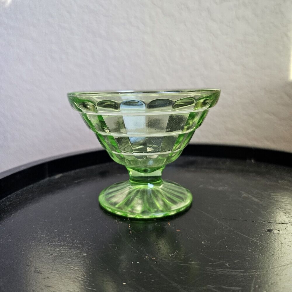 Vintage Depression Glass Sherbet Dish, Anchor Hocking, Block Optic, Green Glow